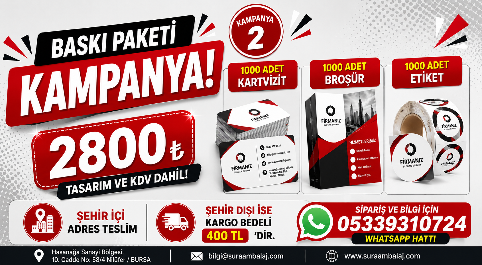 1000 er Adet Kartvizit+Broşür+Etiket 2800 TL