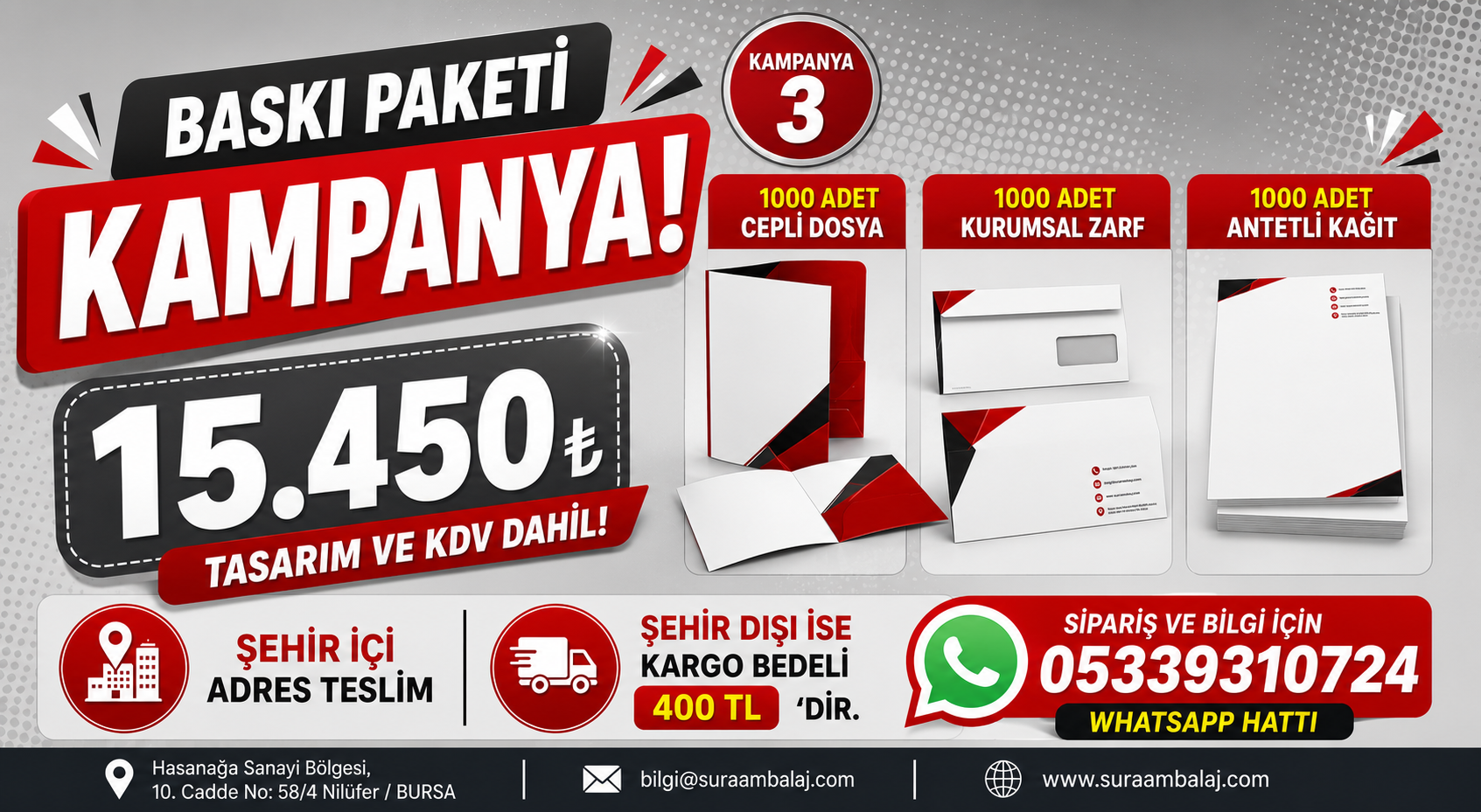 1000 er Cepli Dosya+Kurumsal Zarf+Antetli Kağıt 15.450 TL
