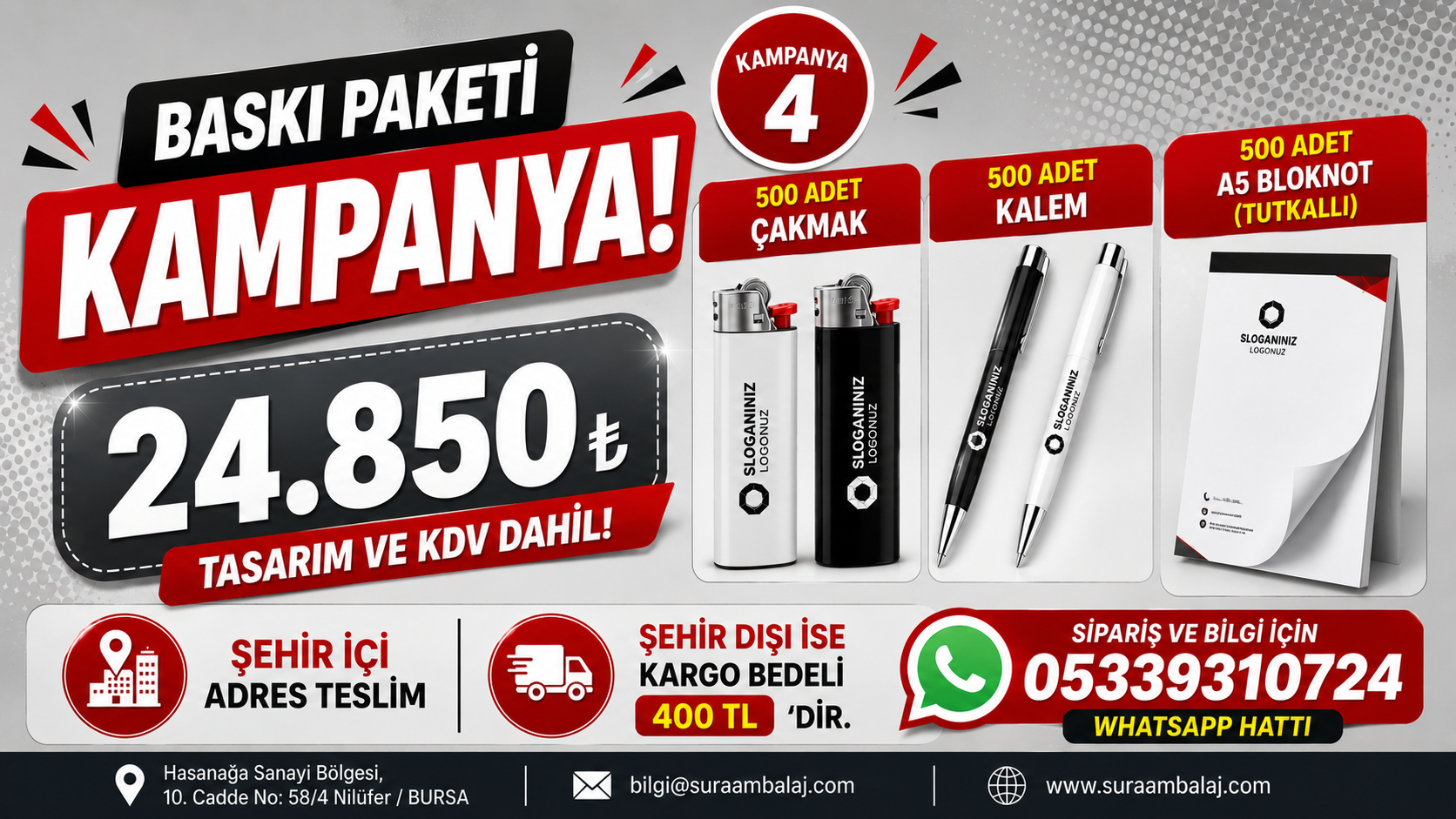 500 er Adet Çakmak+Kalem+A5 Bloknot 24.850 TL