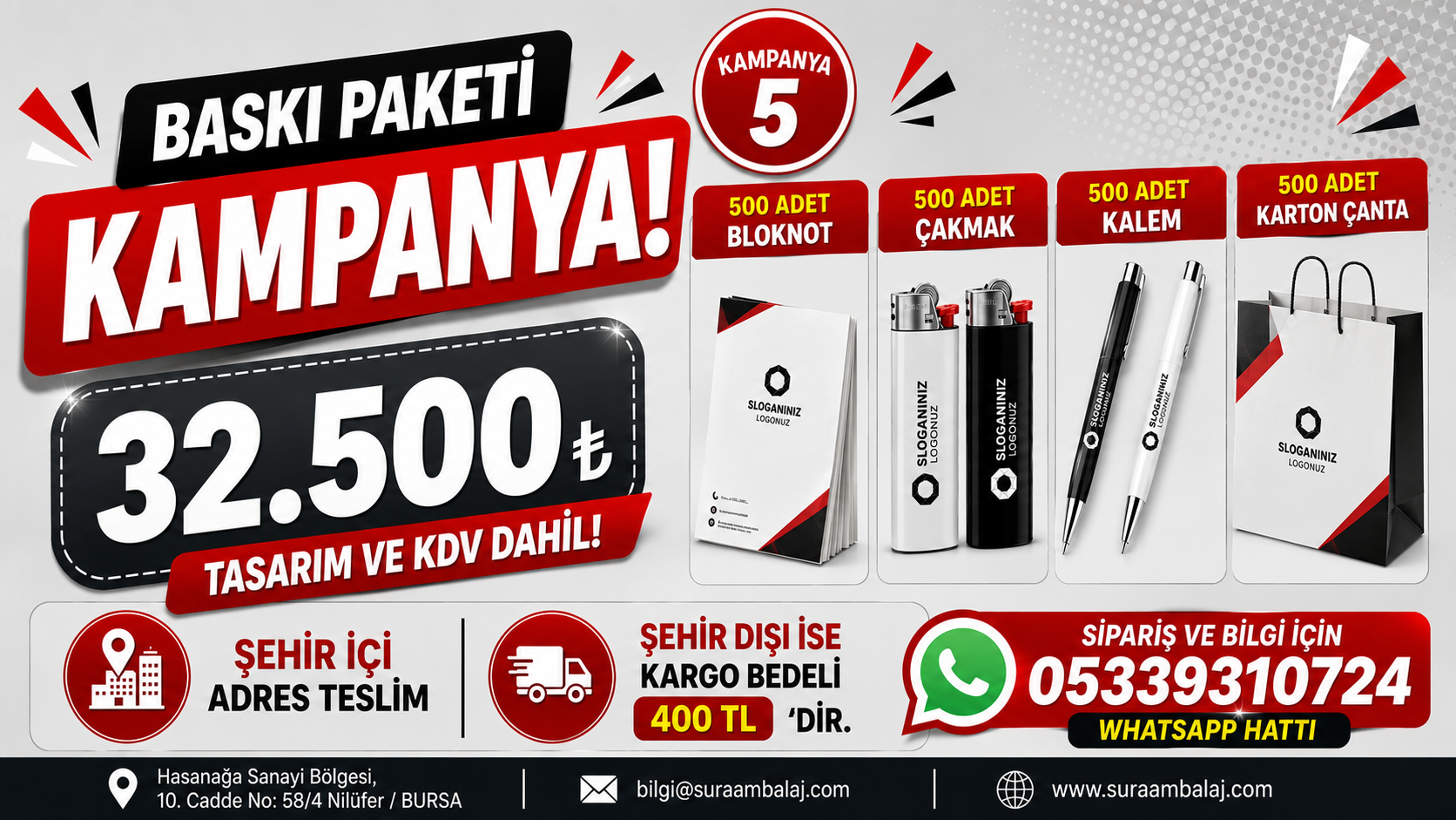 500 er Adet Çakmak+Kalem+A5 Bloknot + Karton Çanta 32.500 TL